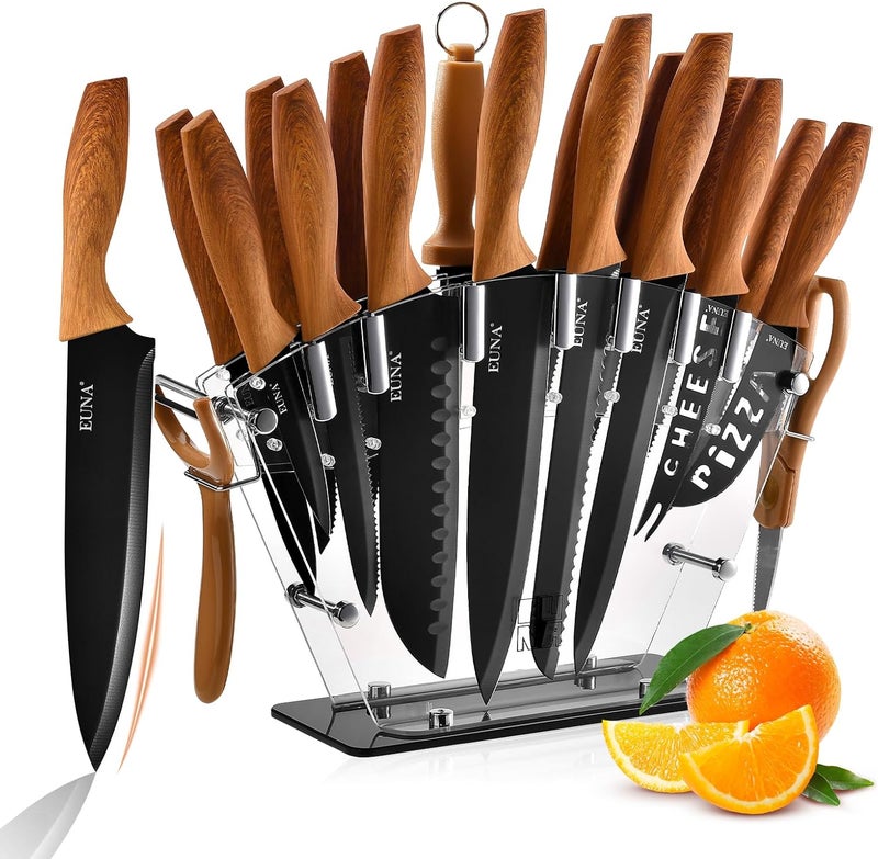 EUNA Knife Block Set, 19 PCS Kitchen Knife Set with Acrylic Block and Sharpener, German High-Carbon Stainless Steel Knife Sets with 6 Serrated Steak Knives, Bread Knife, Chef Knife, Dishwasher Safe - Image 1