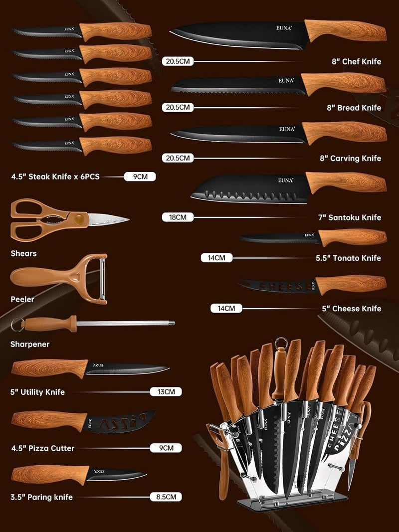 EUNA Knife Block Set, 19 PCS Kitchen Knife Set with Acrylic Block and Sharpener, German High-Carbon Stainless Steel Knife Sets with 6 Serrated Steak Knives, Bread Knife, Chef Knife, Dishwasher Safe - Image 2