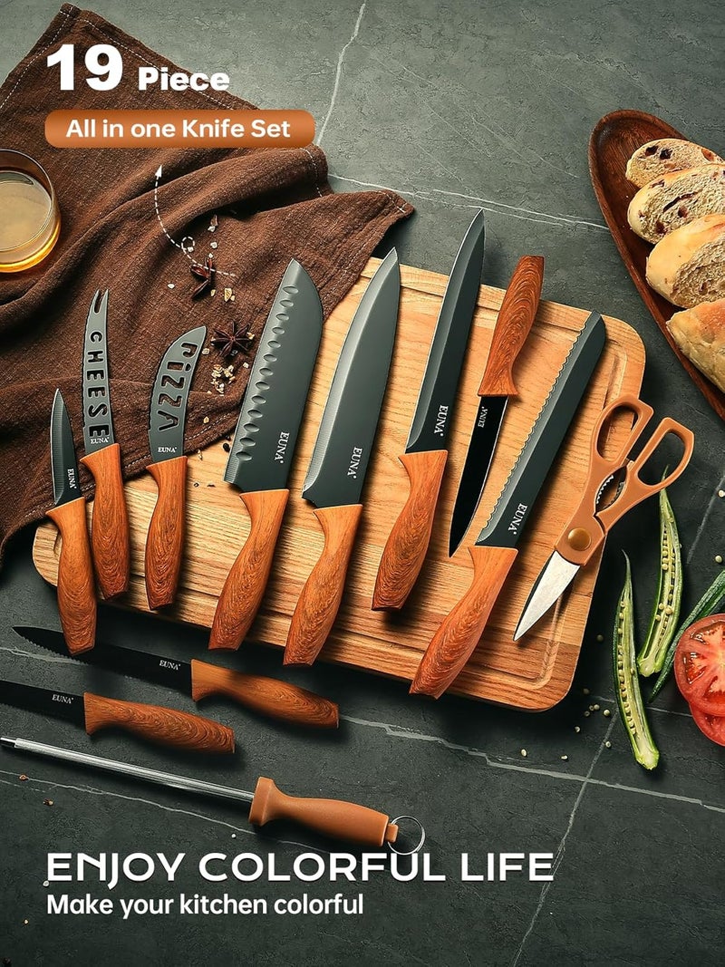 EUNA Knife Block Set, 19 PCS Kitchen Knife Set with Acrylic Block and Sharpener, German High-Carbon Stainless Steel Knife Sets with 6 Serrated Steak Knives, Bread Knife, Chef Knife, Dishwasher Safe - Image 5