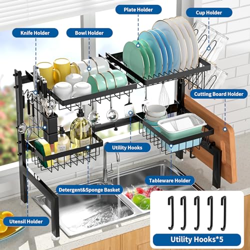 HOWDIA Over The Sink Dish Drying Rack,Expandable 2-Tier Stainless Steel Over The Sink Dish Rack with Utensil Holder Dish Drainers for Kitchen Counter - Image 2
