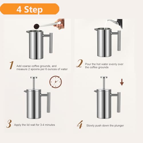 Meelio Stainless Steel French Press Coffee Maker 1500ml, Double-Wall Insulated Large French Coffee Press for travel camping，Large Capacity, （50oz, Silver） - Image 3