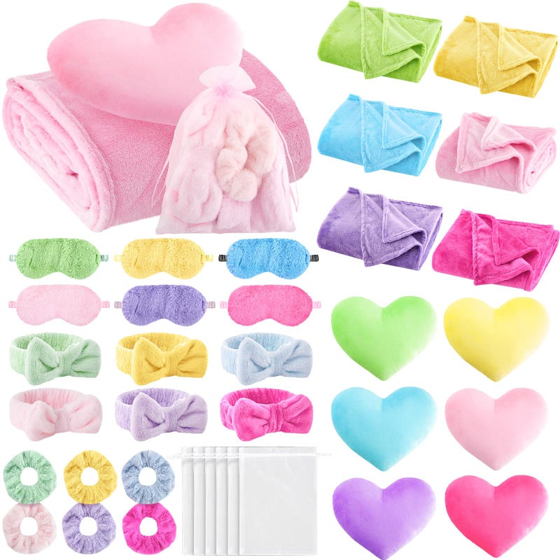 Fanfanwin 36 Pcs Sleepover Party Supplies for Girl Spa Slumber Birthday Favors Throw Blanket Pillow Eye Mask Headband Scrunchies Solid ColorMulticolor - Image 2