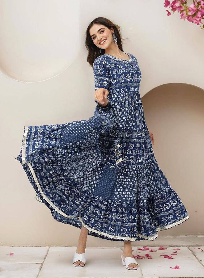ISHIN Women's Blue 100% Cotton Embellished Maxi A-Line Straight Fit Dress  - Image 2
