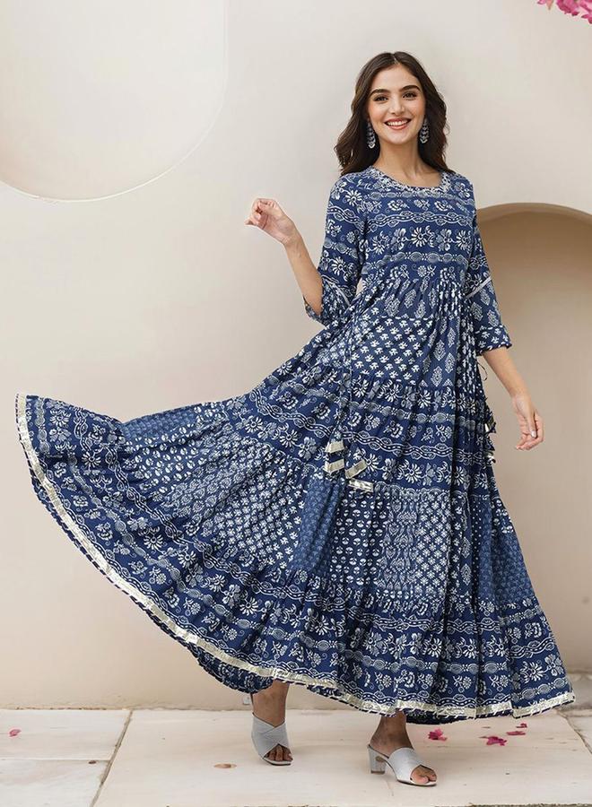 ISHIN Women's Blue 100% Cotton Embellished Maxi A-Line Straight Fit Dress  - Image 1