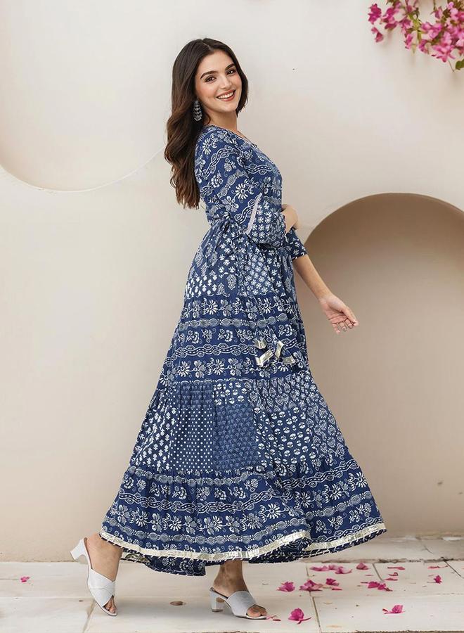 ISHIN Women's Blue 100% Cotton Embellished Maxi A-Line Straight Fit Dress  - Image 5
