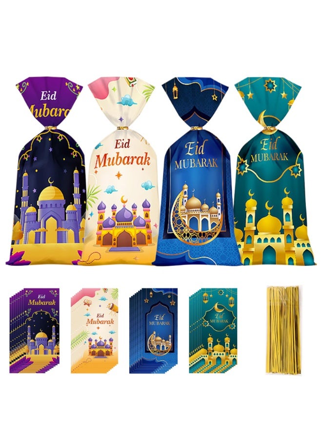 Chielor 100 Pcs Eid Mubarak Candy Bags for Gifts, Ramadan Kareem Goodie Cellophane Treat Bags, Muslim Castle Moon Star Pattern Bags Goody Favor Bags for Diwali Party Supplies (Blue, Green, Purple, White) - Image 1