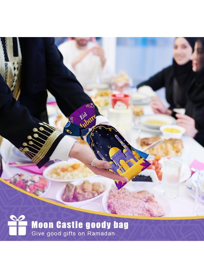 Chielor 100 Pcs Eid Mubarak Candy Bags for Gifts, Ramadan Kareem Goodie Cellophane Treat Bags, Muslim Castle Moon Star Pattern Bags Goody Favor Bags for Diwali Party Supplies (Blue, Green, Purple, White) - Image 2