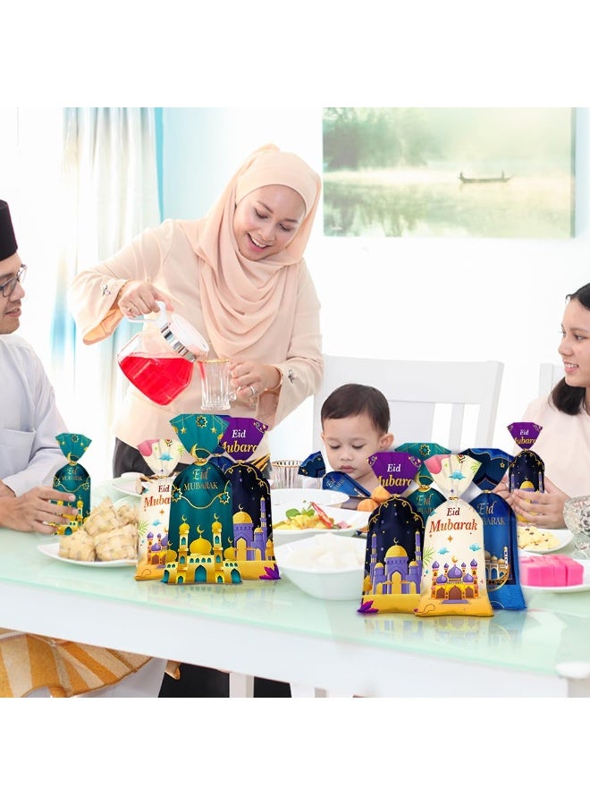 Chielor 100 Pcs Eid Mubarak Candy Bags for Gifts, Ramadan Kareem Goodie Cellophane Treat Bags, Muslim Castle Moon Star Pattern Bags Goody Favor Bags for Diwali Party Supplies (Blue, Green, Purple, White) - Image 4