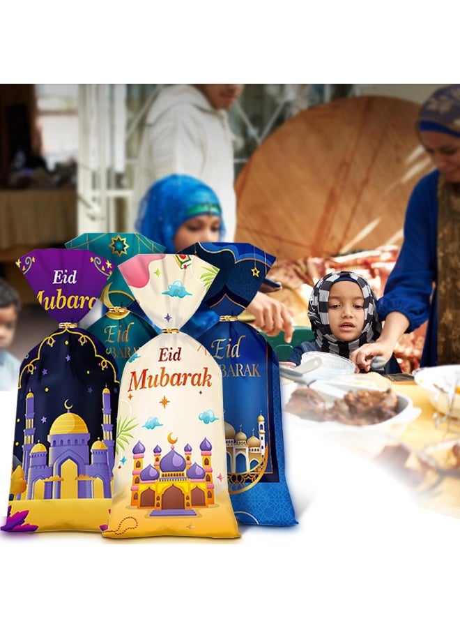 Chielor 100 Pcs Eid Mubarak Candy Bags for Gifts, Ramadan Kareem Goodie Cellophane Treat Bags, Muslim Castle Moon Star Pattern Bags Goody Favor Bags for Diwali Party Supplies (Blue, Green, Purple, White) - Image 5