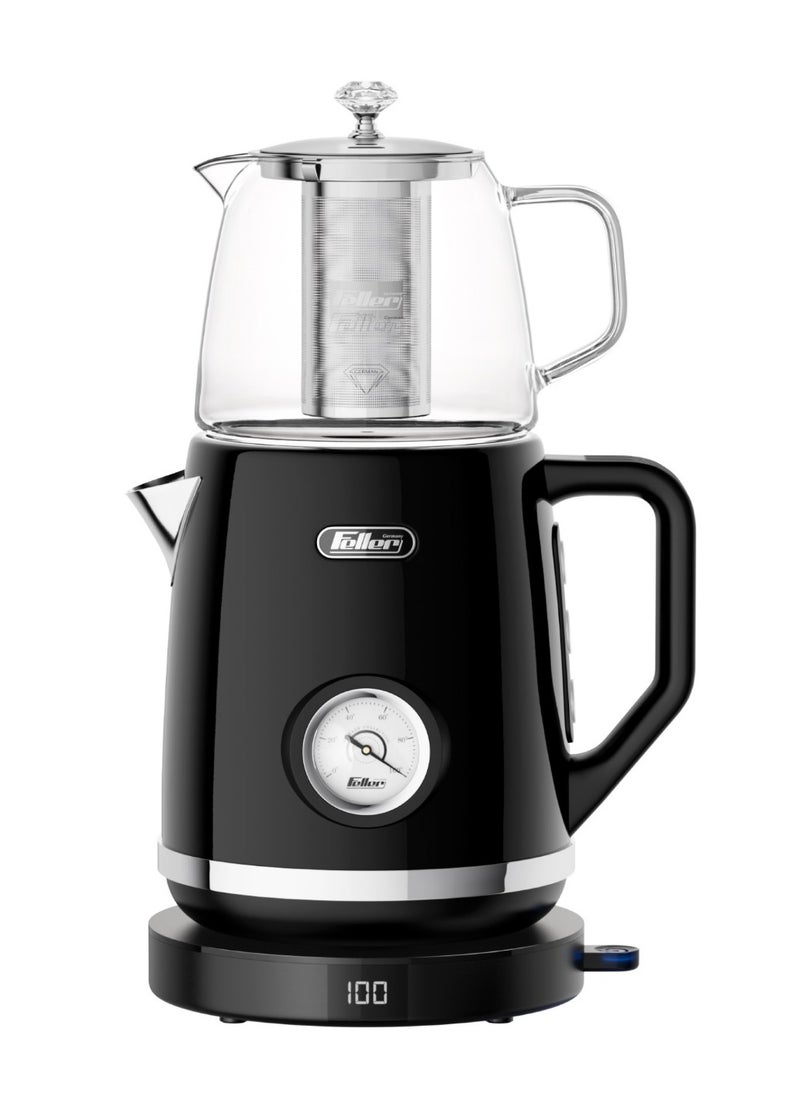 Feller Germany, Retro Style 1.7L 2-in-1 Stainless Steel Tea Maker+Kettle, 2200W, 85/95/100°C Adjustable Touch-Sensitive Temp Setting,LED Display, TS290, (Black)