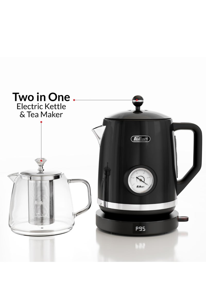 Feller Germany, Retro Style 1.7L 2-in-1 Stainless Steel Tea Maker+Kettle, 2200W, 85/95/100°C Adjustable Touch-Sensitive Temp Setting,LED Display, TS290, (Black)