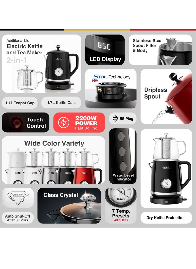 Feller Germany, Retro Style 1.7L 2-in-1 Stainless Steel Tea Maker+Kettle, 2200W, 85/95/100°C Adjustable Touch-Sensitive Temp Setting,LED Display, TS290, (Black)