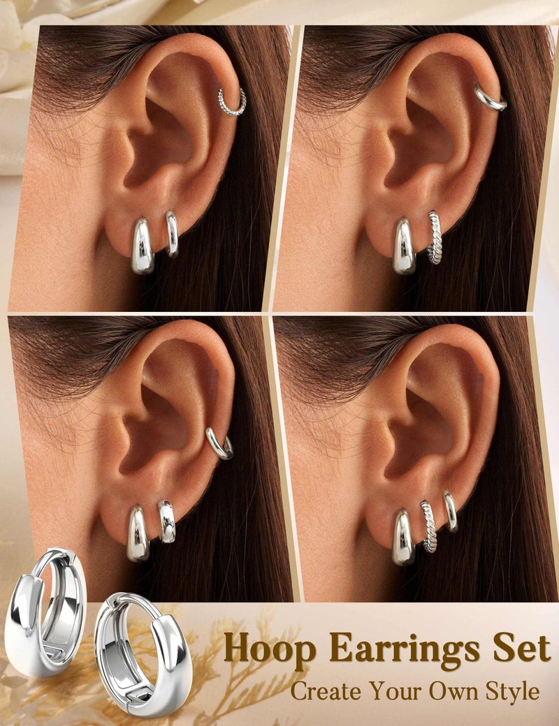 Jstyle Small Silver Hoop Earrings for Women Trendy 14K Gold Plated Huggie Earring Stacks Silver Hypoallergenic Huggie Earrings Set Chunky Cartilage Earring Sets for Multiple Piercing Jewelry Gift - Image 4