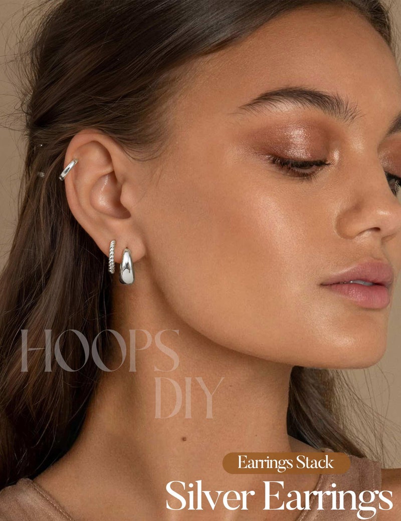 Jstyle Small Silver Hoop Earrings for Women Trendy 14K Gold Plated Huggie Earring Stacks Silver Hypoallergenic Huggie Earrings Set Chunky Cartilage Earring Sets for Multiple Piercing Jewelry Gift - Image 2