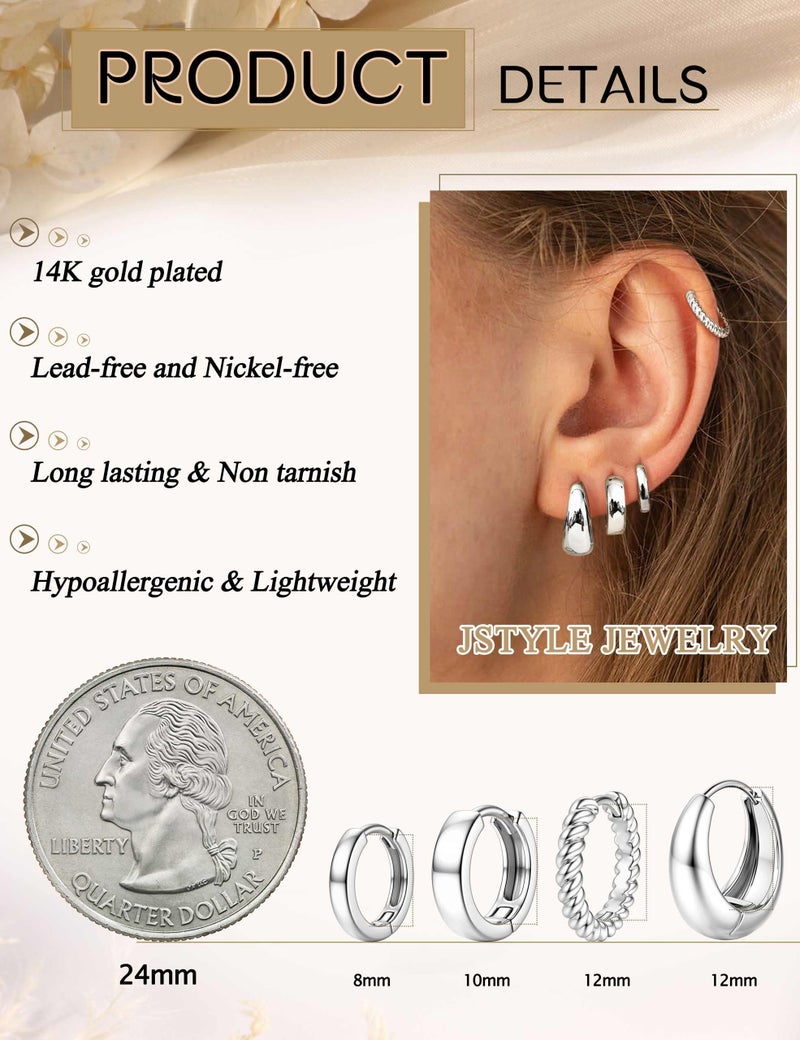 Jstyle Small Silver Hoop Earrings for Women Trendy 14K Gold Plated Huggie Earring Stacks Silver Hypoallergenic Huggie Earrings Set Chunky Cartilage Earring Sets for Multiple Piercing Jewelry Gift - Image 3