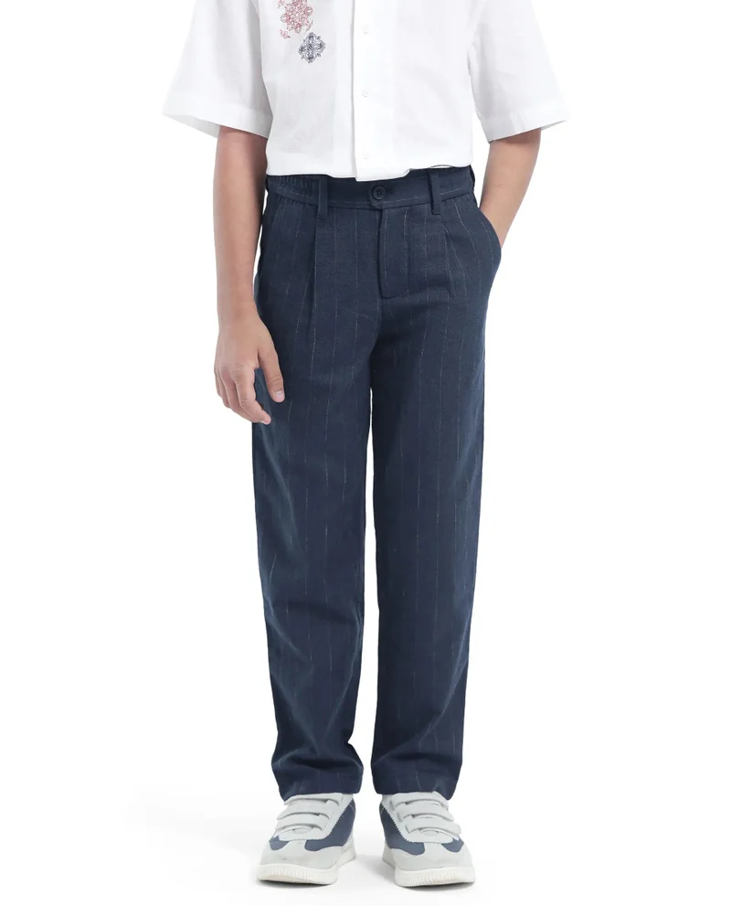 Rare Ones Rare Ones Kids Leo Navy Polyester Blend Striped Button & Zip Closure Regular Fit Trouser