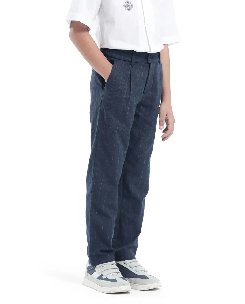 Rare Ones Rare Ones Kids Leo Navy Polyester Blend Striped Button & Zip Closure Regular Fit Trouser