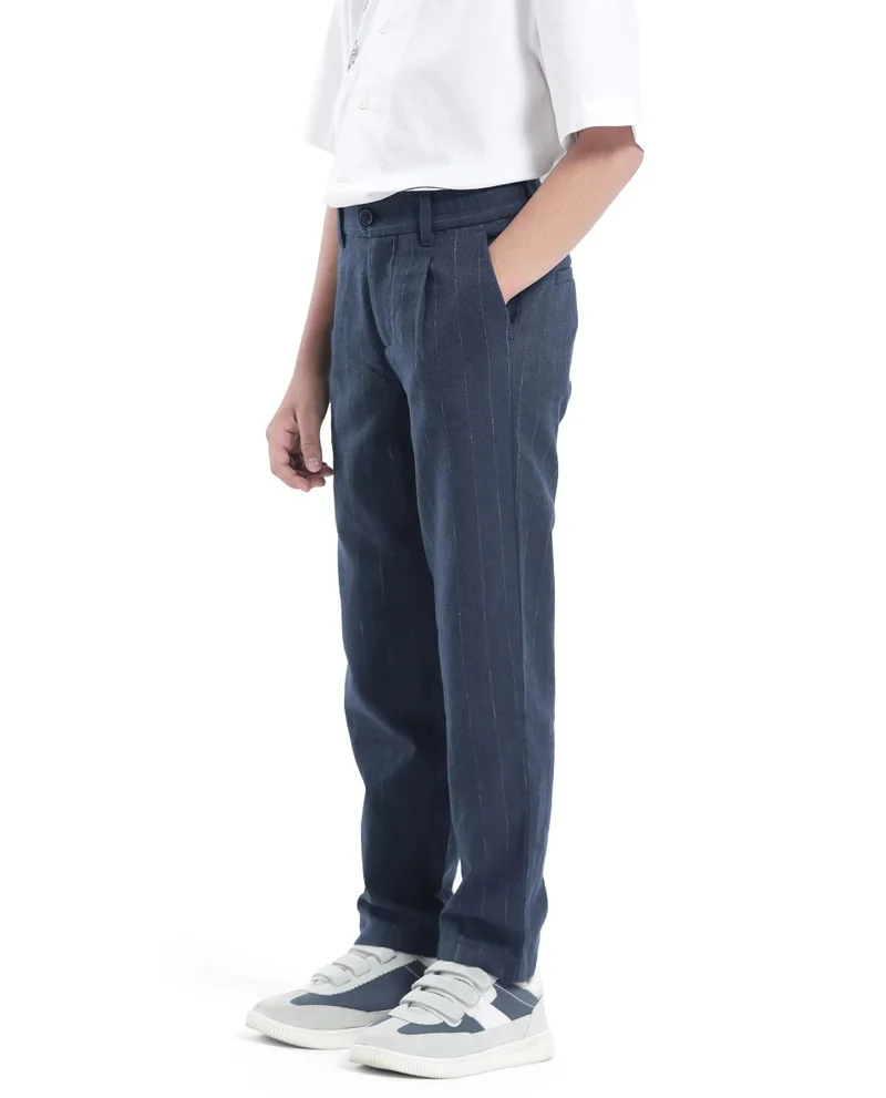Rare Ones Rare Ones Kids Leo Navy Polyester Blend Striped Button & Zip Closure Regular Fit Trouser