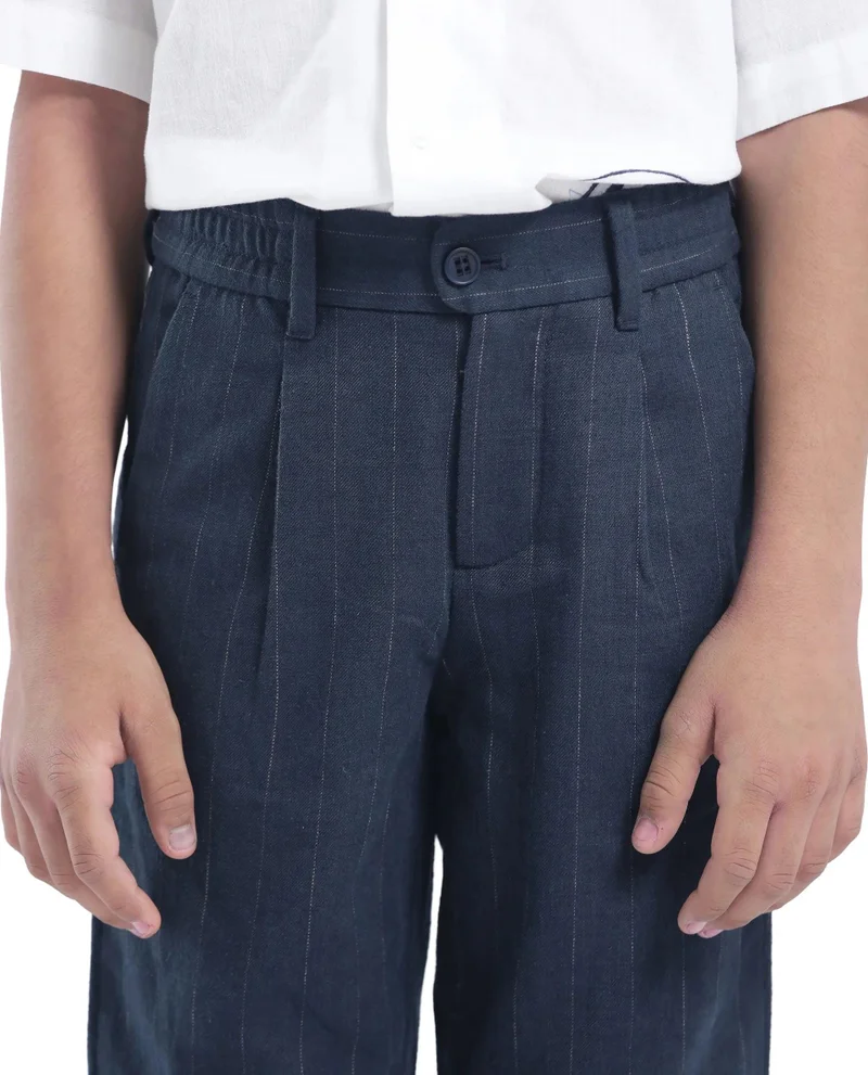 Rare Ones Rare Ones Kids Leo Navy Polyester Blend Striped Button & Zip Closure Regular Fit Trouser