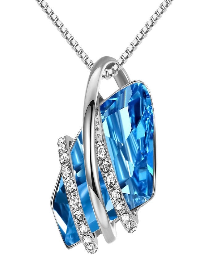 Leafael Mothers Day Gifts Wish Stone Pendant Necklace with Aquamarine Blue Birthstone Crystal for March & December, Silvertone, 18" + 2" Chain - Image 1