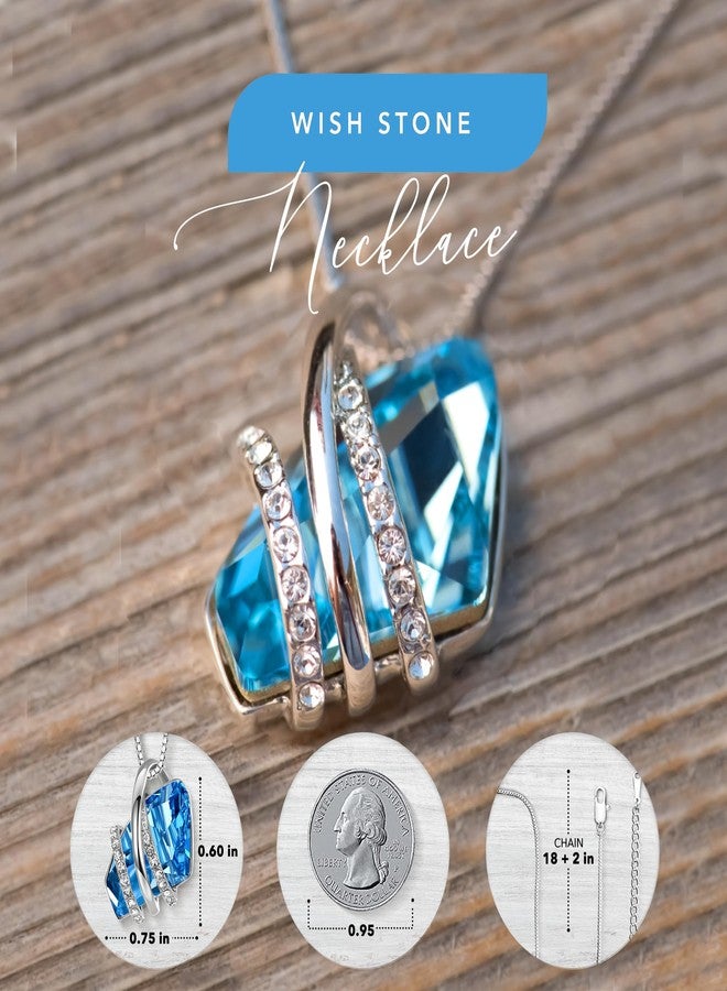 Leafael Mothers Day Gifts Wish Stone Pendant Necklace with Aquamarine Blue Birthstone Crystal for March & December, Silvertone, 18" + 2" Chain - Image 3
