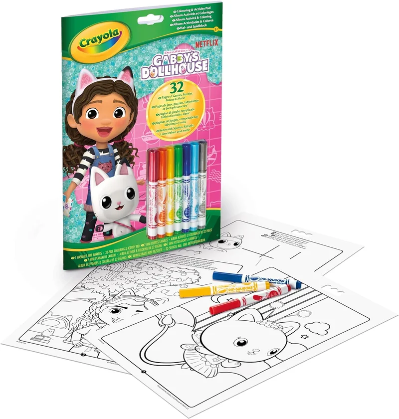 كرايولا Crayola - Gabby's Dollhouse Album Activity and Colouring e, 32 Colouring Pages and 7 Washable Mini Felt Tip Pens | ideal gift ages from ages 3+