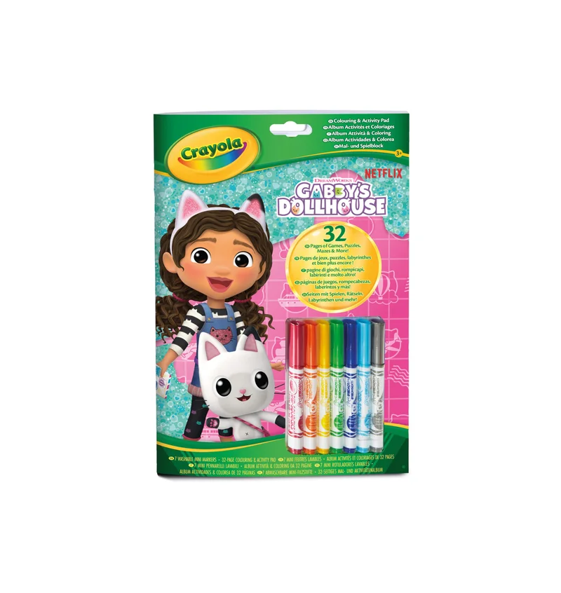 كرايولا Crayola - Gabby's Dollhouse Album Activity and Colouring e, 32 Colouring Pages and 7 Washable Mini Felt Tip Pens | ideal gift ages from ages 3+