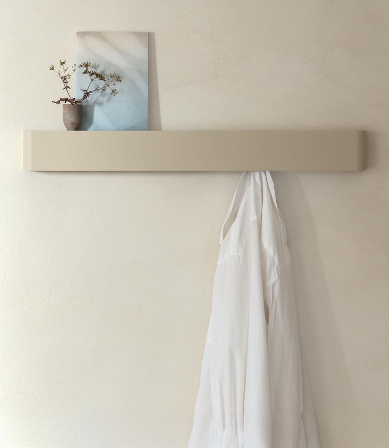 Kazai.Â® Coat Rack Wall Mount with Shelf 'Tone' | Modern Design Coat Hanger with Hidden Hooks and Storage | Hat Rack with Shelf in Metal | Wall-Mounted Purse Organizer | Taupe - Image 1