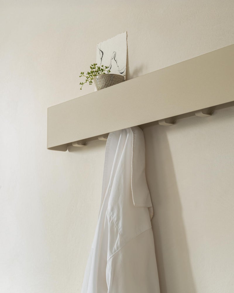 Kazai.Â® Coat Rack Wall Mount with Shelf 'Tone' | Modern Design Coat Hanger with Hidden Hooks and Storage | Hat Rack with Shelf in Metal | Wall-Mounted Purse Organizer | Taupe - Image 3