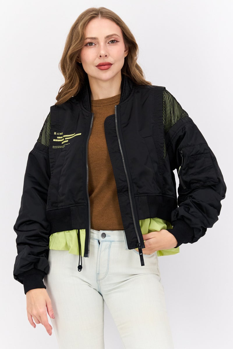 Women Textured Windbreaker Jacket, Black