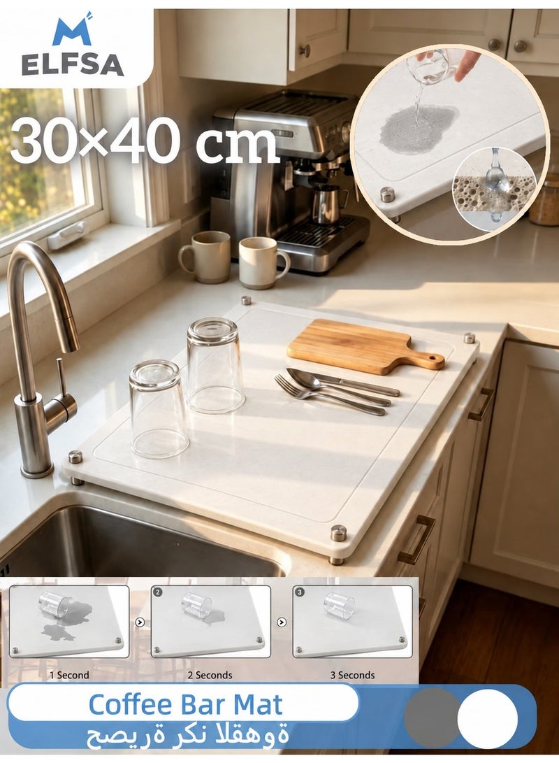 ELFSA Stone Dish Drying Mat for Kitchen Counter, Diatomaceous Earth Quick Dry Board with Stainless Steel Feet, Super Absorbent Dish Drainer for Cups, Bowls & Glassware, White, 40×30cm - Image 1