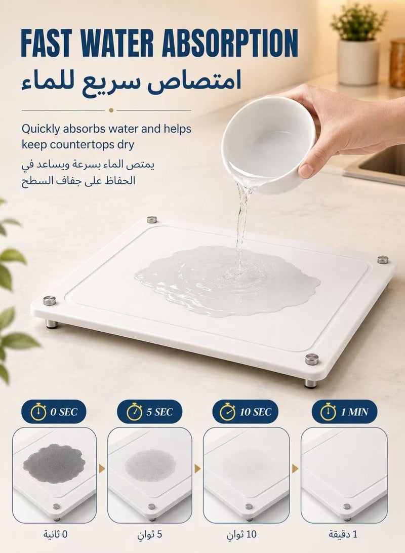 ELFSA Stone Dish Drying Mat for Kitchen Counter, Diatomaceous Earth Quick Dry Board with Stainless Steel Feet, Super Absorbent Dish Drainer for Cups, Bowls & Glassware, White, 40×30cm - Image 3