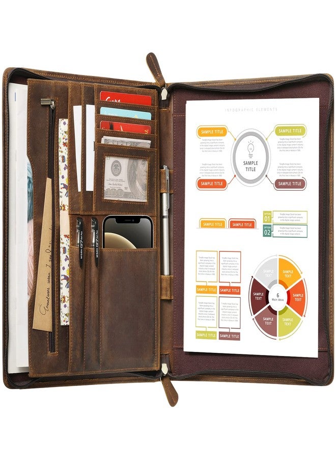 Ringsun Genuine Leather Portfolio with Zipper, Business Organizer for A4/Pad/Phone, Brown, RS63 - Image 1