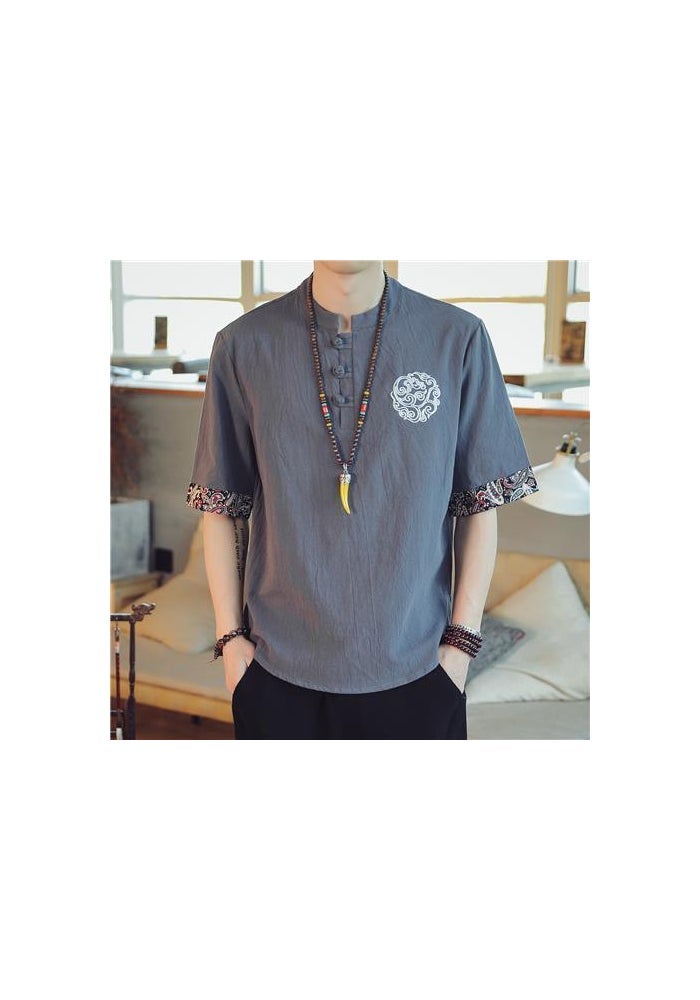 Chinese Style Men's Embroidered Linen Short-sleeved T-shirt Men's Vintage plus size Loose Half-sleeved Summer Cotton Linen Tang T-shirt - Image 1
