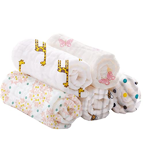 linenaffairs Baby Muslin 6 Layers Washcloths, Newborn Baby Face Towel Assorted Printed Reusable Wipes 11.5 * 11.5 Inch - Set of 5 - Image 1