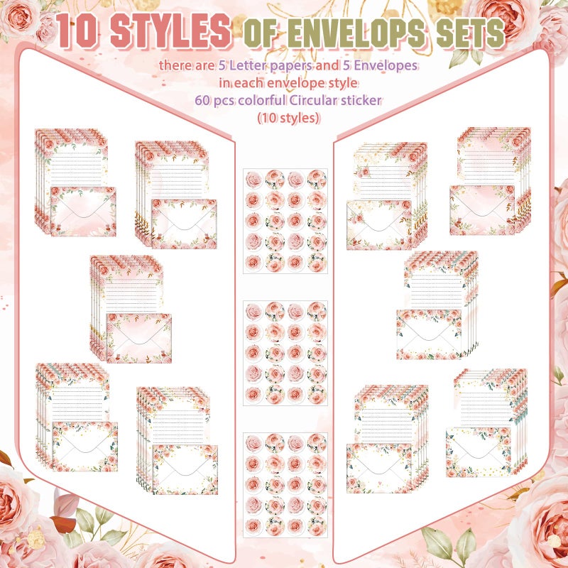 TaoBary 160 Pcs Stationery Paper Set 50 Double Sided Stationery Papers with 50 Matching Envelopes and 60 Round Dot Sticker, 10 Design(Pink Floral,5.5 x 8.25 Inch) - Image 2
