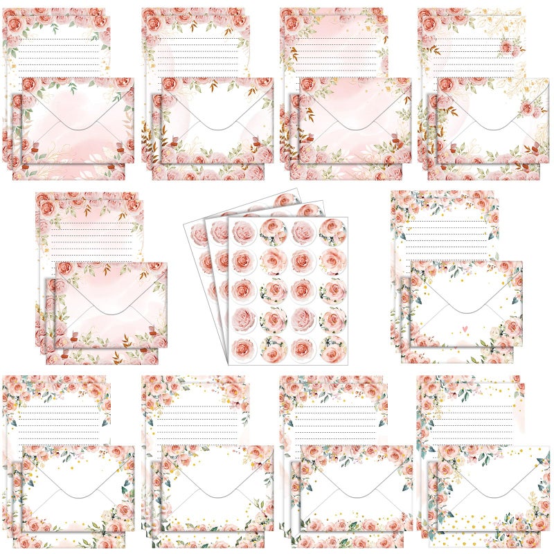 TaoBary 160 Pcs Stationery Paper Set 50 Double Sided Stationery Papers with 50 Matching Envelopes and 60 Round Dot Sticker, 10 Design(Pink Floral,5.5 x 8.25 Inch) - Image 1