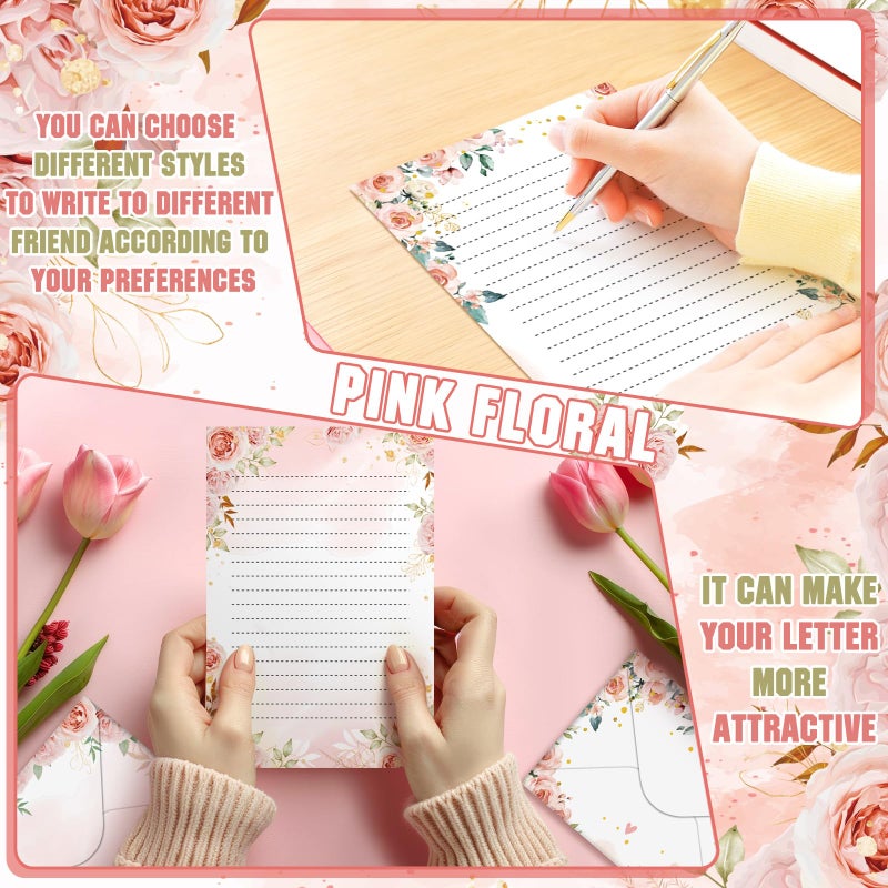 TaoBary 160 Pcs Stationery Paper Set 50 Double Sided Stationery Papers with 50 Matching Envelopes and 60 Round Dot Sticker, 10 Design(Pink Floral,5.5 x 8.25 Inch) - Image 5
