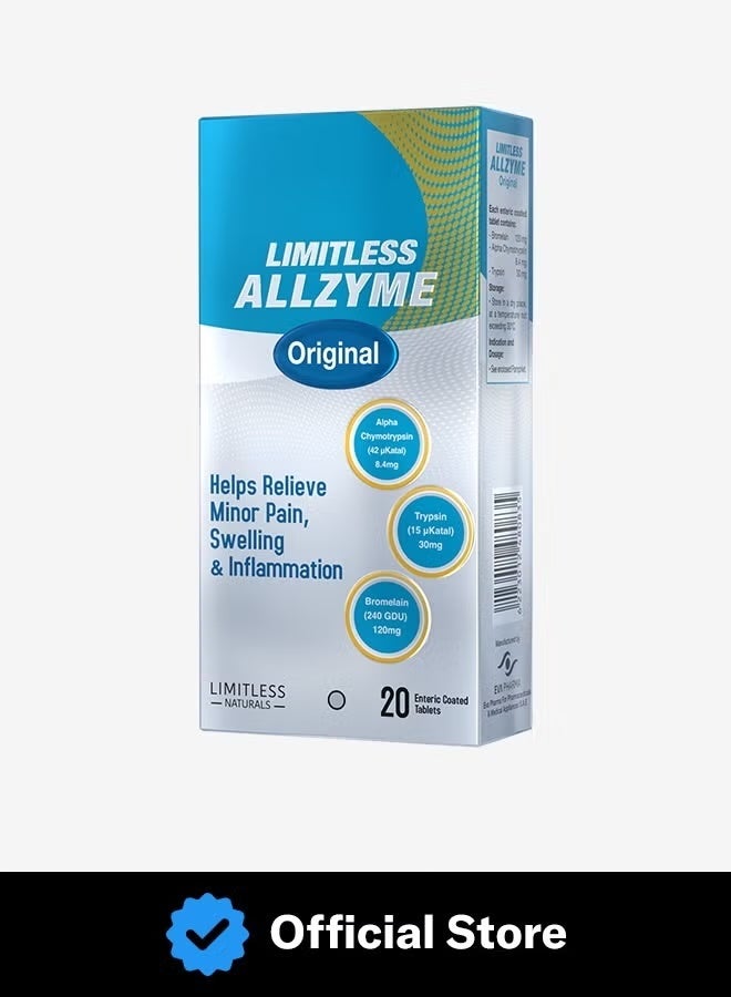 Limitless Allzyme Original | Helps Relieve Inflammation and Edema | Trypsin (30 mg) - Chymotrypsin (8.4 mg) - Bromelain (120 mg) | 20 Enteric Coated Tablets