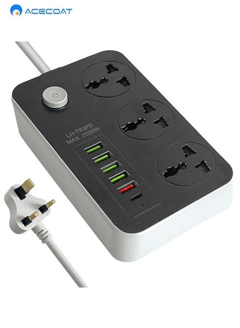 Extension Cord Protector Power Strip with 3 Outlets, 5 USB-A Ports, 1 USB-C Port, Flat Plug, Wall Mountable, Desk USB Charging Station, Ideal for All Electronic Devices, Black/Grey