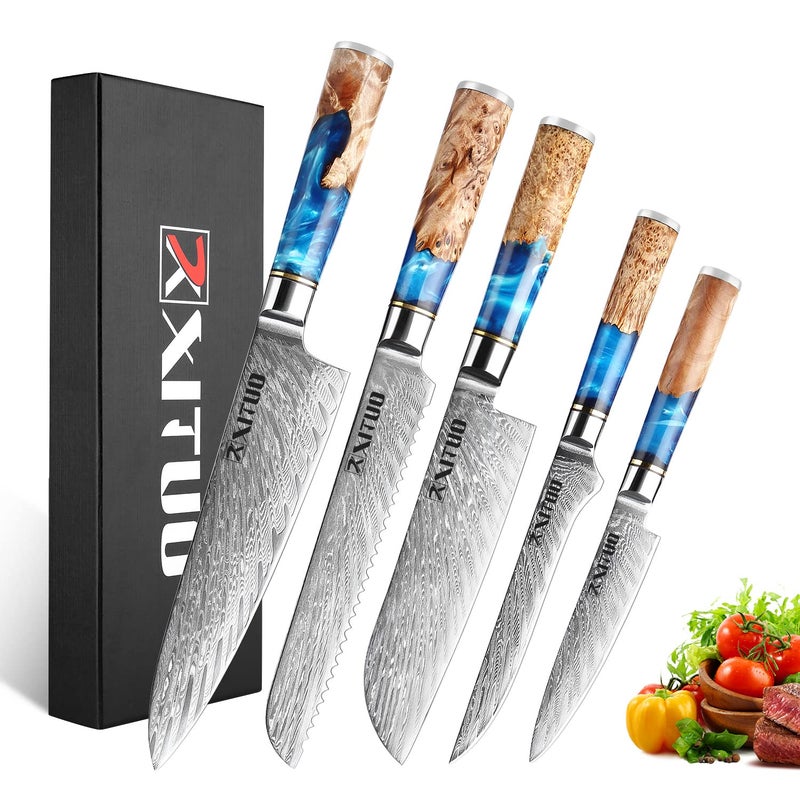 XT XITUO Damascus Steel Knife  5 Piece Set  Tsunami Collection  67Layer Japanese VG10 Steel Core  Unique Blue Resin Wood Handle  Gift Box  wknife Sheath