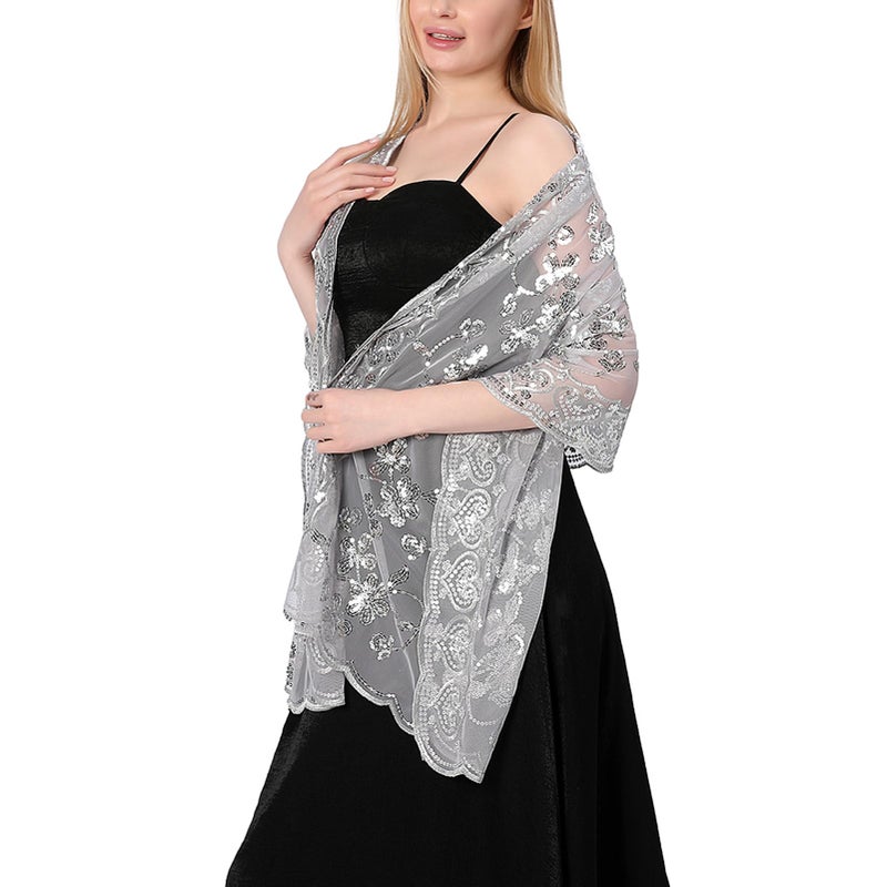 Ladiery Sequin Floral Shawls and Wraps for Evening Dresses,Women sparkly Sheer Mesh Wedding Shawls for Evening Party - Image 3