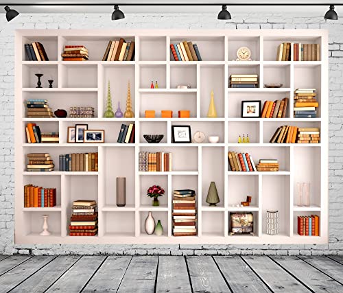 BELECO 10x8ft Fabric White Bookshelf Photography Backdrop School Library Modern Office Bookcase Home Office Zoom Meeting Video Conferencing Graduation Decor Portrait Shoot Props - Image 1