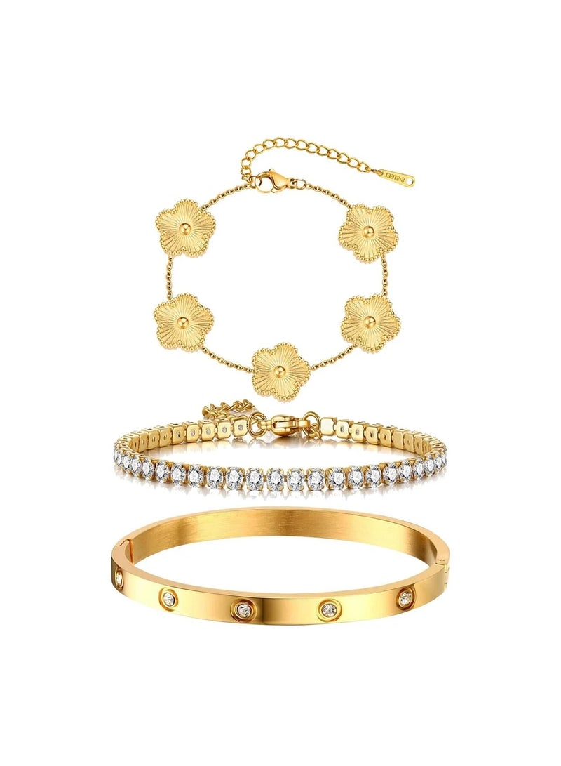 CAMSCH Womens Stackable Floral Gold Bracelets - 3Pcs 18K Gold Plated Bracelet,Stainless Steel Bangle Bracelets Non Tarnish, Gold Bracelet Set Trendy Jewelry,Christmas Valentines Birthday Gifts for Girlfriend - Image 1