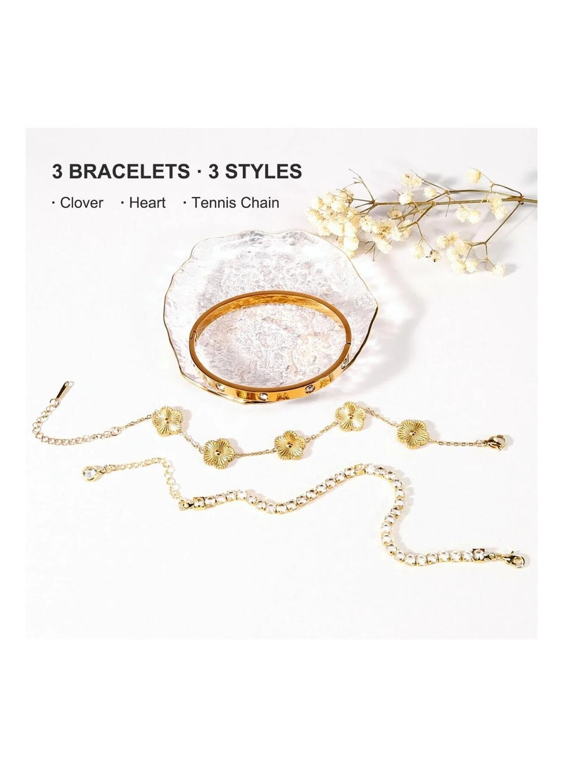 CAMSCH Womens Stackable Floral Gold Bracelets - 3Pcs 18K Gold Plated Bracelet,Stainless Steel Bangle Bracelets Non Tarnish, Gold Bracelet Set Trendy Jewelry,Christmas Valentines Birthday Gifts for Girlfriend - Image 4