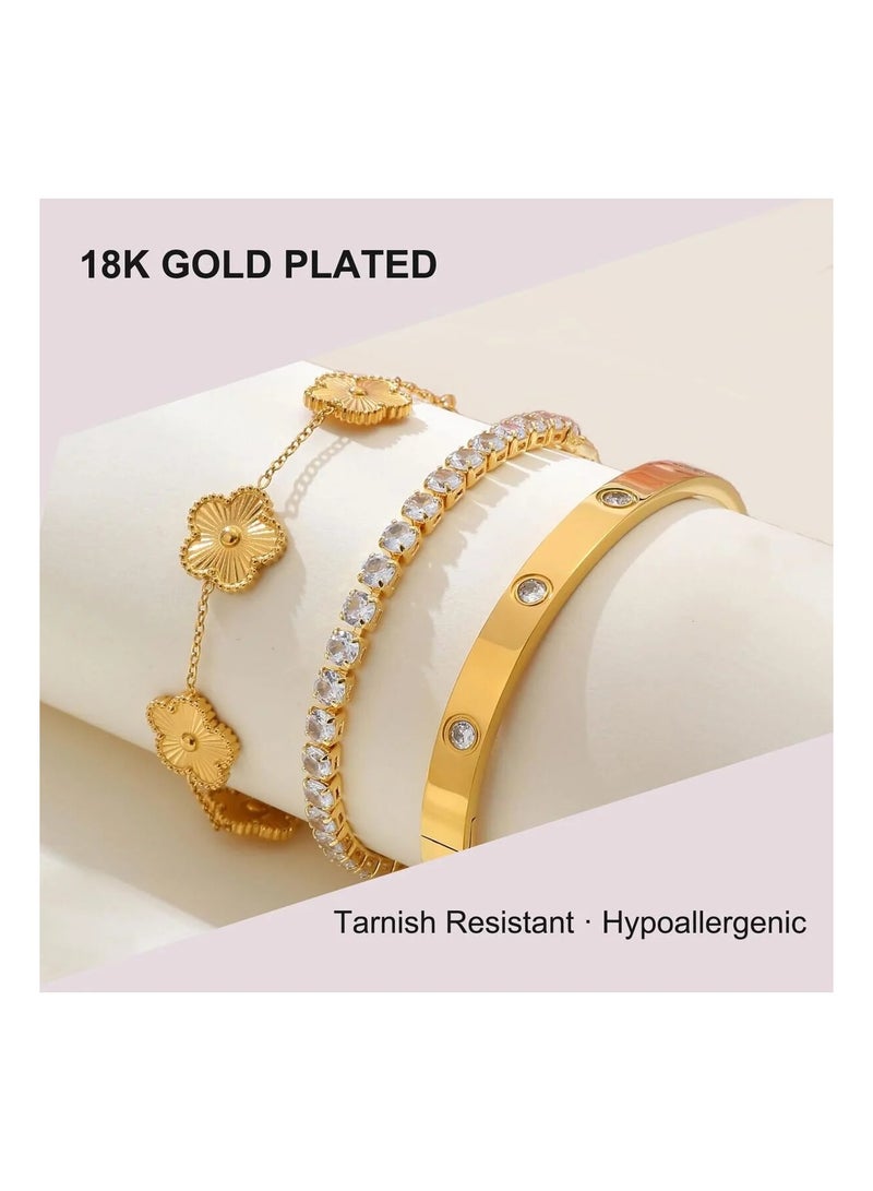 CAMSCH Womens Stackable Floral Gold Bracelets - 3Pcs 18K Gold Plated Bracelet,Stainless Steel Bangle Bracelets Non Tarnish, Gold Bracelet Set Trendy Jewelry,Christmas Valentines Birthday Gifts for Girlfriend - Image 3