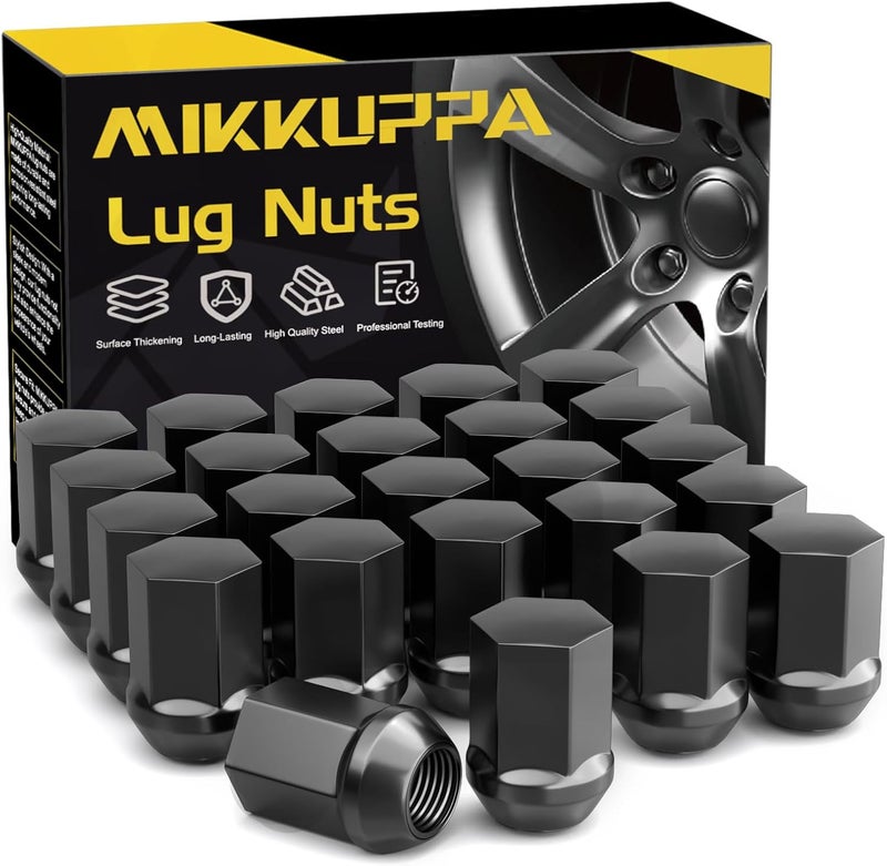 MIKKUPPA صواميل العجلات السوداء MIKKUPPA M14x1.5 - صواميل كبيرة ذات مقعد جوزة كبيرة بتصميم كروم OEM قطعة واحدة 7/8" بديل لمركبات كرايسلر دودج جيب رام (24 قطعة) - Image 1