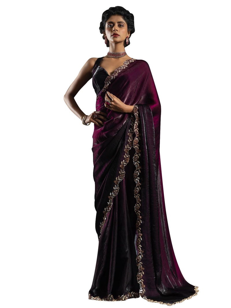 saree mall ساري مول ساري حرير ساتان أرجواني مزين بالخرز والحجارة مع قطعة بلوزة غير مخيطة (MORPNKH1161A_MK) - Image 1