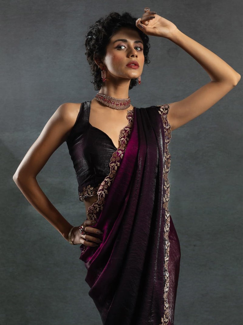 saree mall ساري مول ساري حرير ساتان أرجواني مزين بالخرز والحجارة مع قطعة بلوزة غير مخيطة (MORPNKH1161A_MK) - Image 5