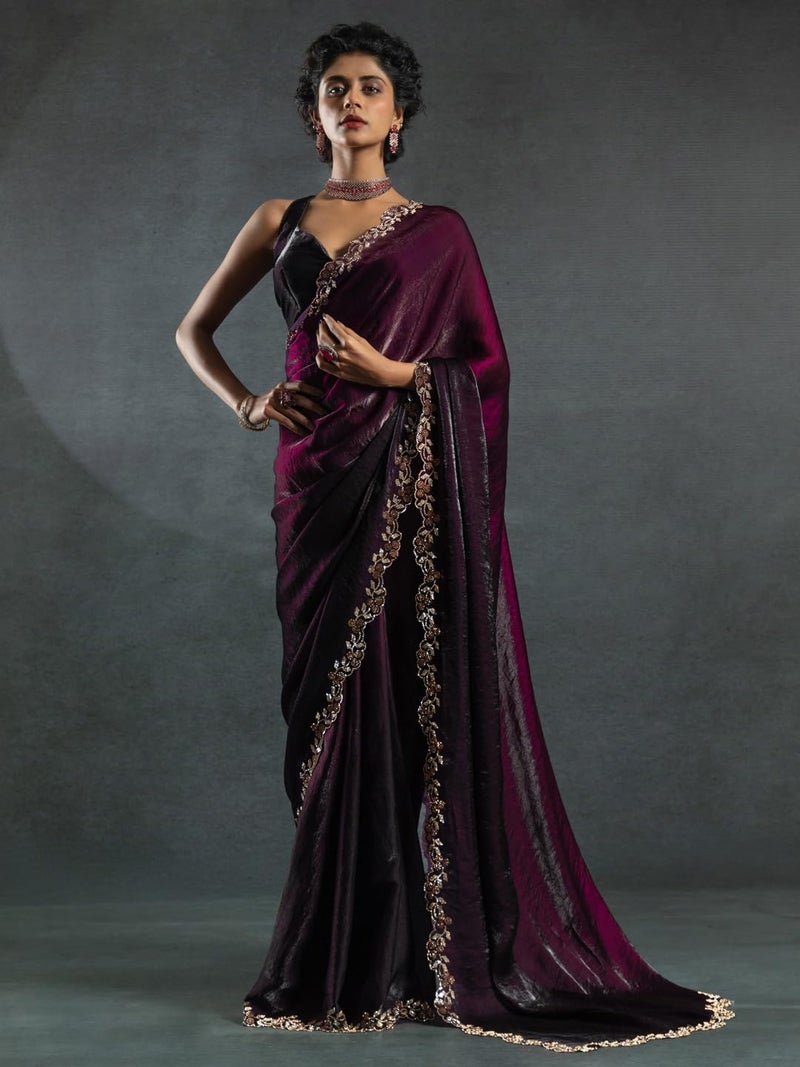 saree mall ساري مول ساري حرير ساتان أرجواني مزين بالخرز والحجارة مع قطعة بلوزة غير مخيطة (MORPNKH1161A_MK) - Image 3